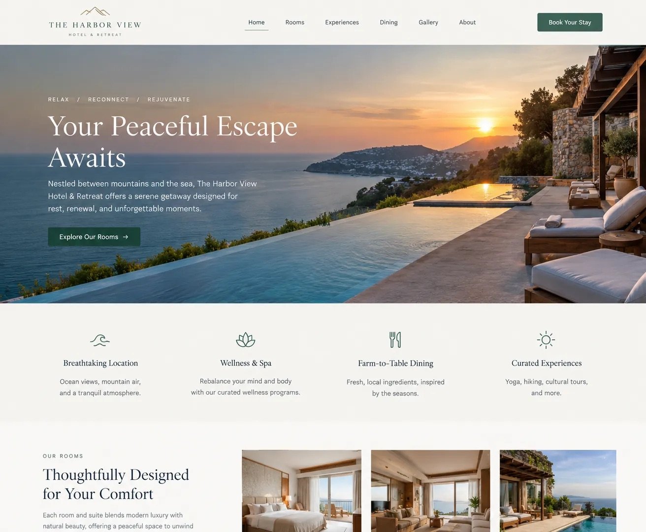 Home page of The Harbor View Hotel & Retreat website with a sunset sea view and infinity pool